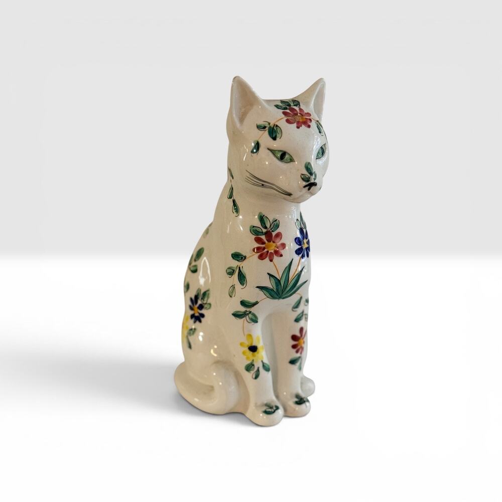 Vintage Secla Portugal Pottery Cat Figurine Hand Painted Floral Decor Green Eyes